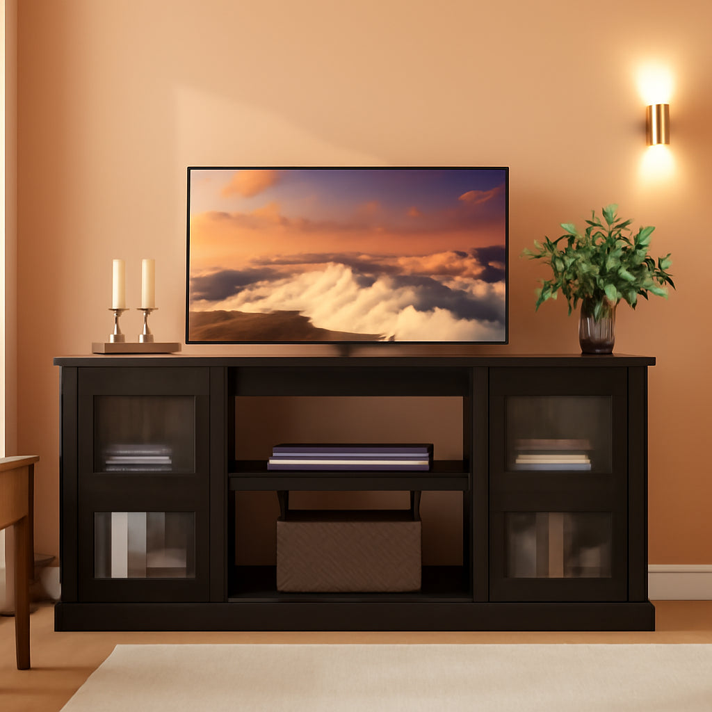 Retro TV Stand For 65 Inch TV With Storage And Open Shelves Black