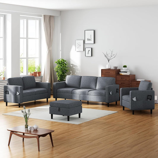 6 Seater Sectional Sofa In Dark Grey Linen With Ottoman ShipItFurniture
