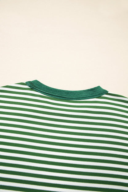 Green Stripe Exposed Seam Patchwork Plus Size Thermal Top