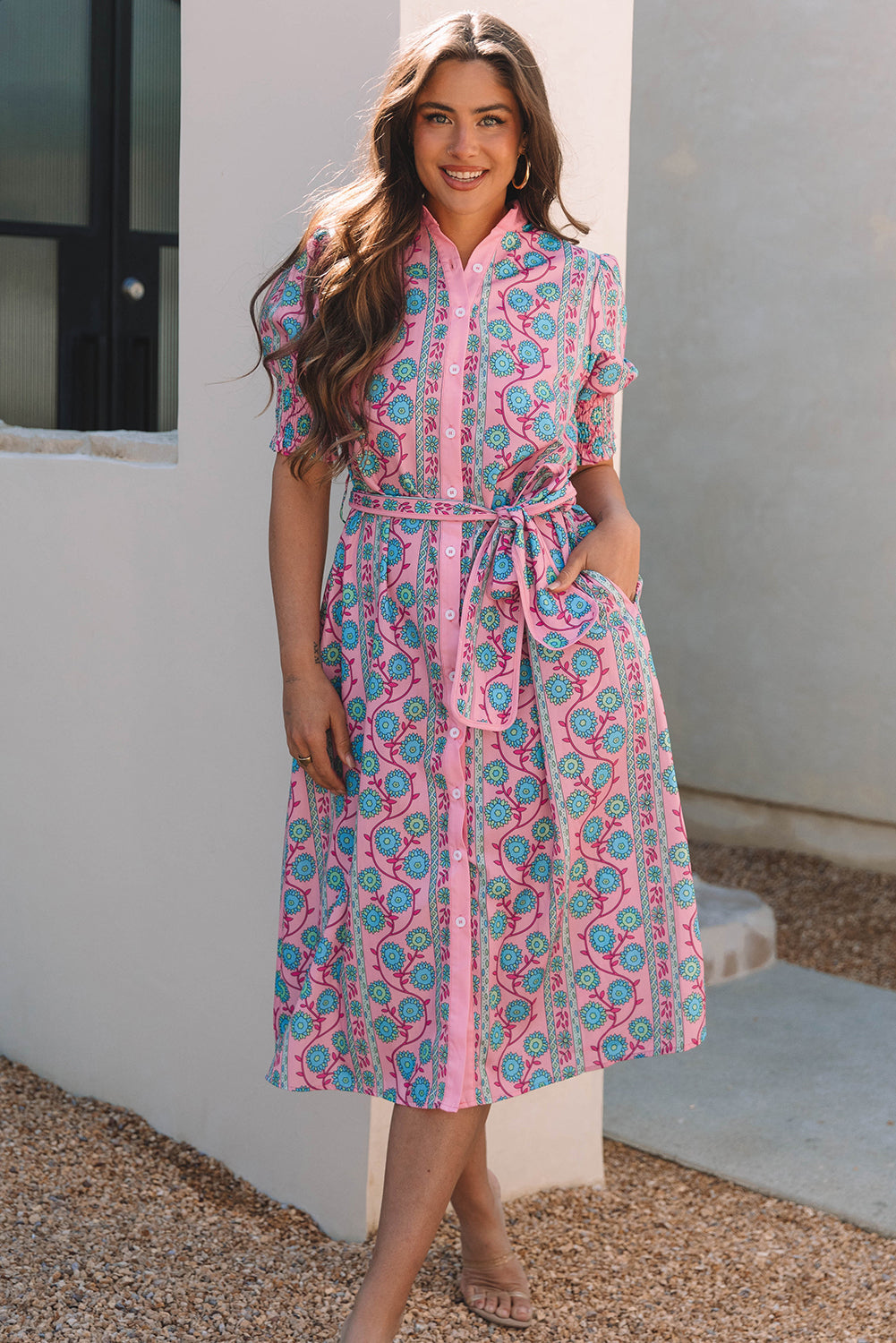 Zariyah Floral Shirred Buttoned Front Midi Dress Threaded Pear