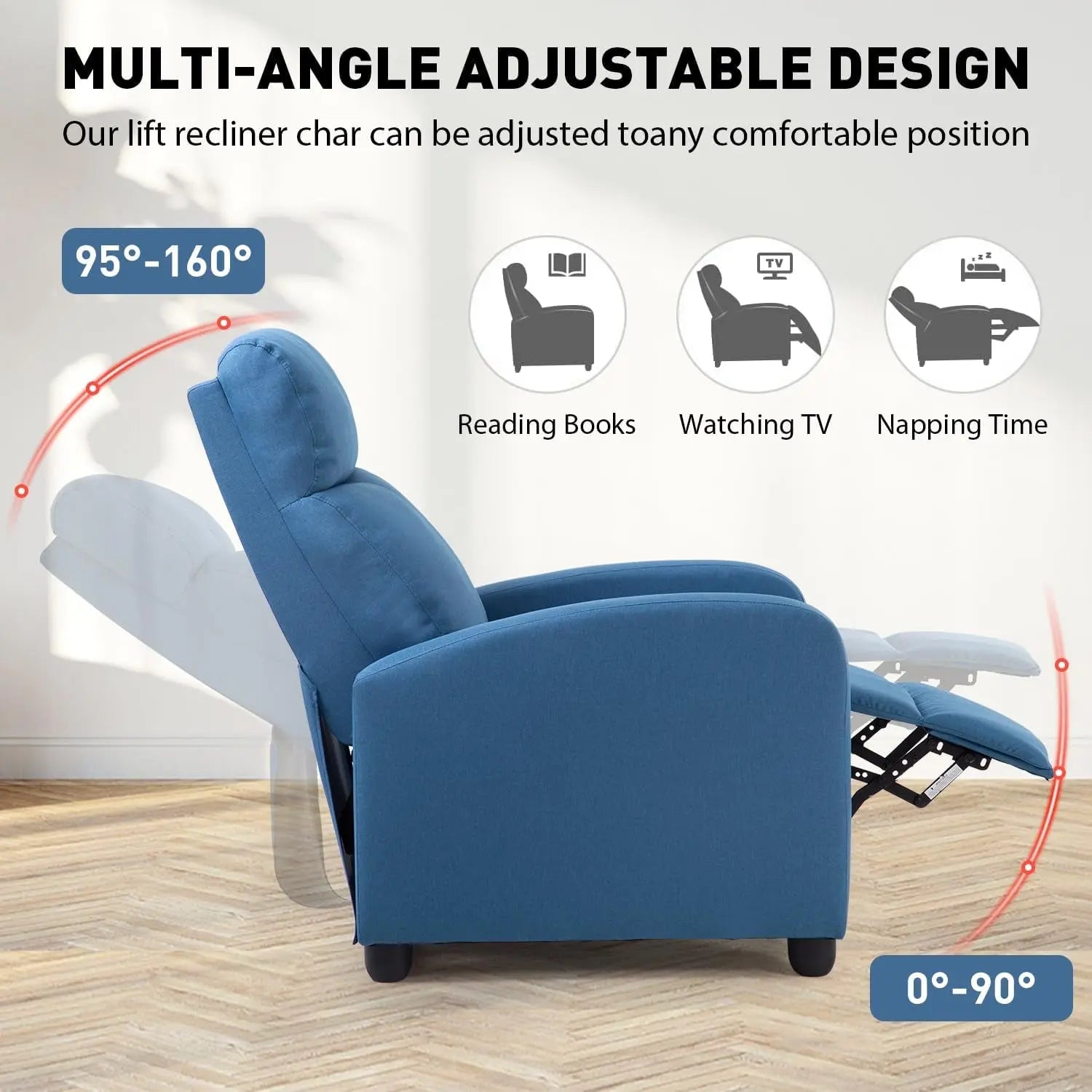 Blue Recliner Chair With Lumbar Support And Push Back Recline ShipItFurniture