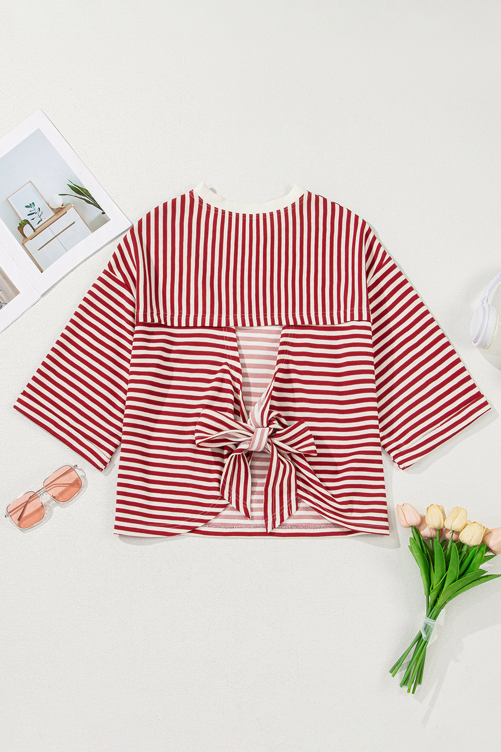Riley Stripe Bowknot Cutout Back Loose Top Threaded Pear