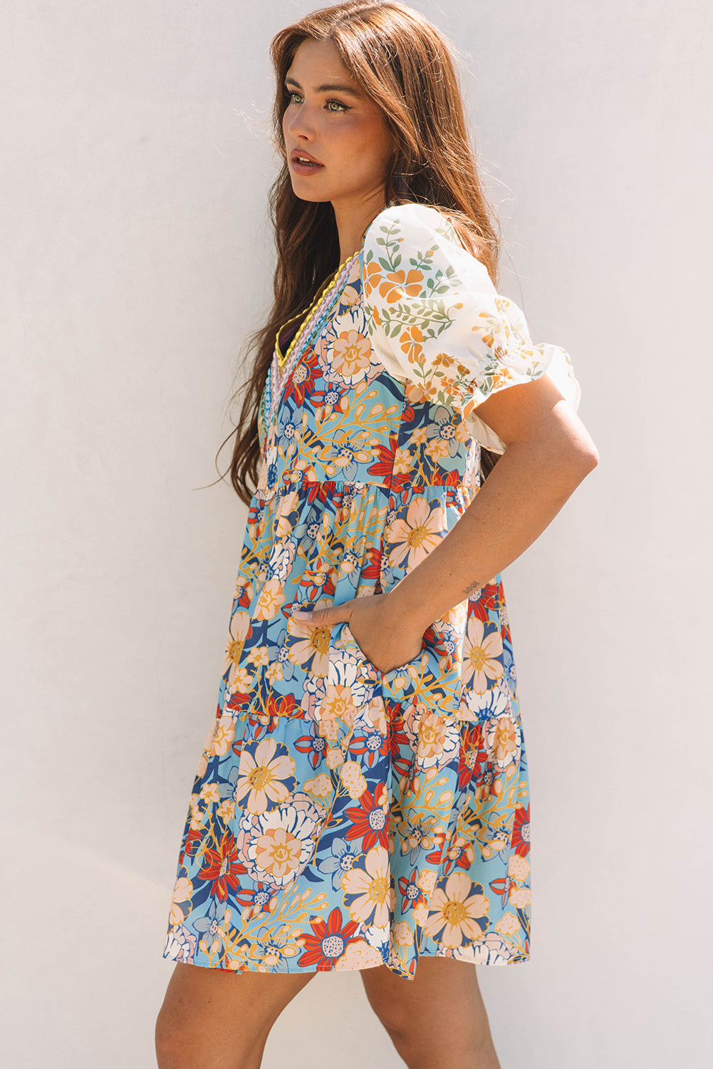 Livia Boho Floral Crochet V Neck Dress