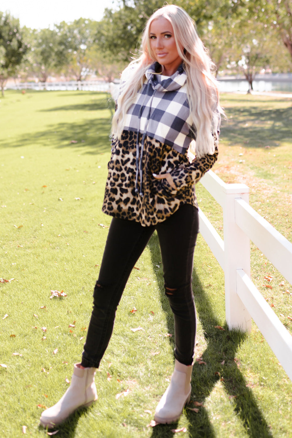 Beth Plaid Patchwork Cowl Sweatshirt