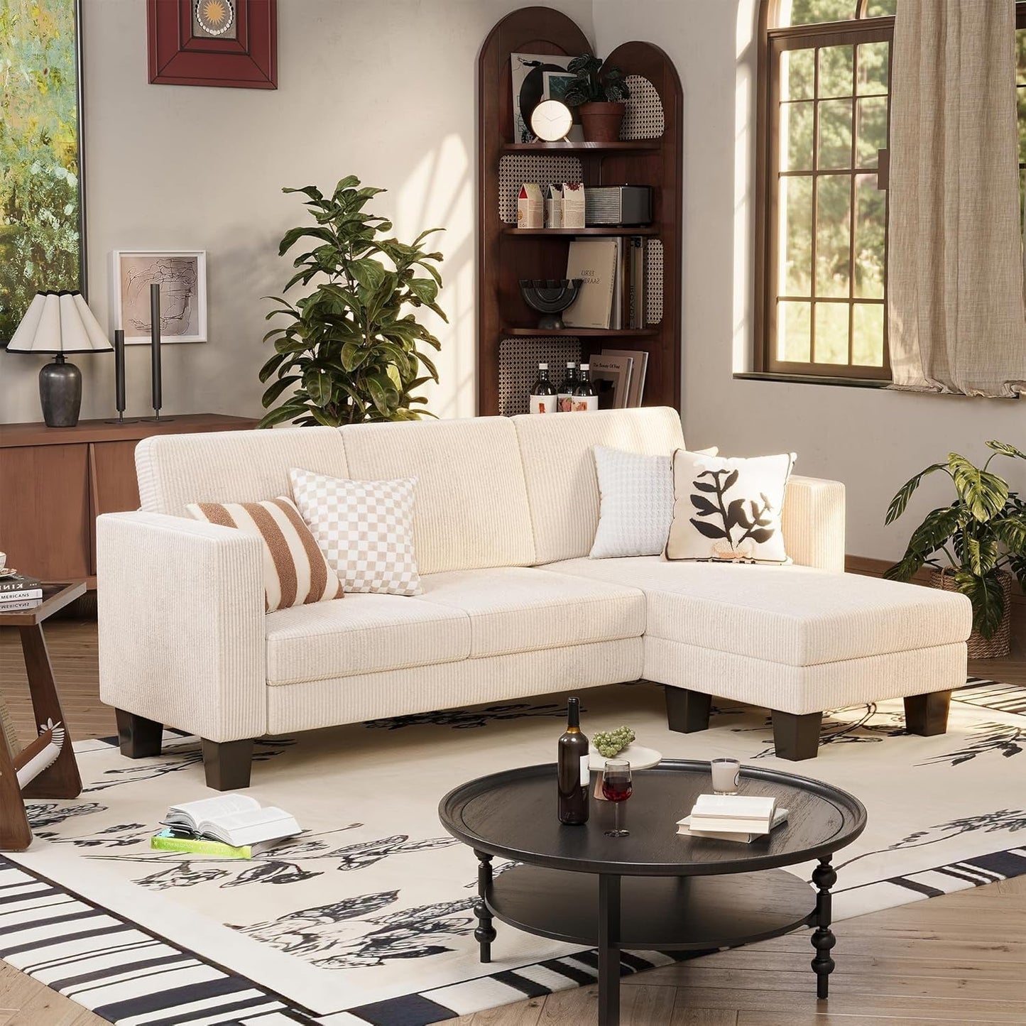Cream Corduroy Convertible Sectional Sofa 3 Seat Couch ShipItFurniture
