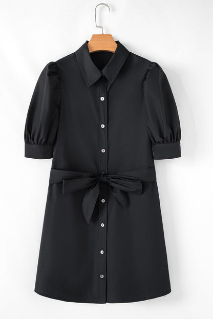 Malaya Button Up Tie Waist Puff Sleeve Mini Dress