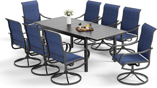 9-Piece Metal Outdoor Patio Dining Furniture Set 8 Sling Dining Swivel Chairs and 1 Expandable Outdoor Dining Rectangle Table, Blue ShipItFurniture