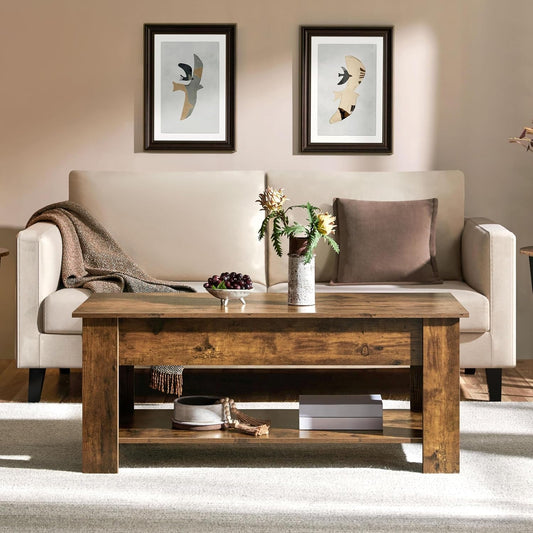 Coffee Table 47.5 Inch Lift Top With Hidden Compartment Rustic Brown ShipItFurniture