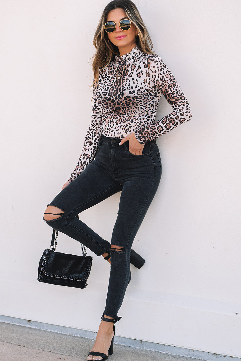 Leopard Smocked Neck Mesh Long Sleeve Bodysuit Threaded Pear