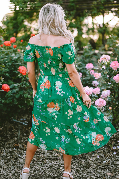 Kailany Floral Bubble Sleeve Smocked Tiered Midi Dress