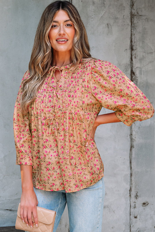 Sadie Floral Bow Pin-tuck Bust Half Puff Sleeve Blouse Threaded Pear