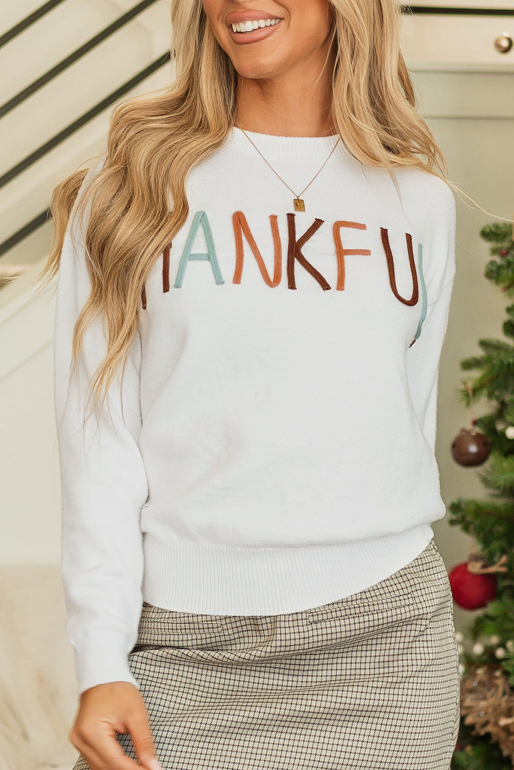 Thankful Embroidered Sweater Threaded Pear