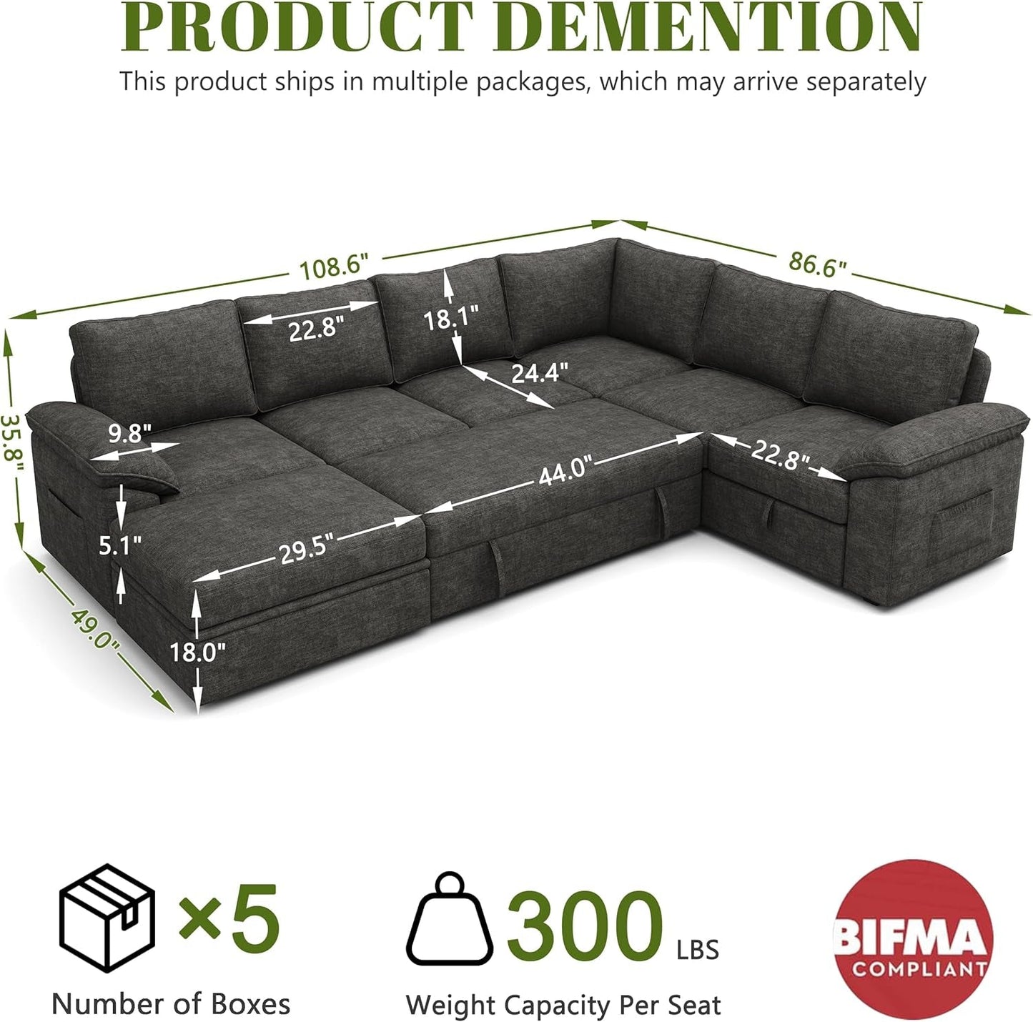 108 Inch Modular Sectional Sleeper Sofa CharcoalGrey ShipItFurniture