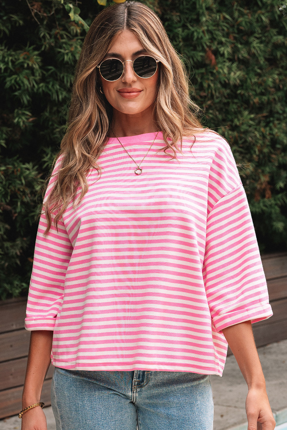 Riley Stripe Bowknot Cutout Back Loose Top Threaded Pear