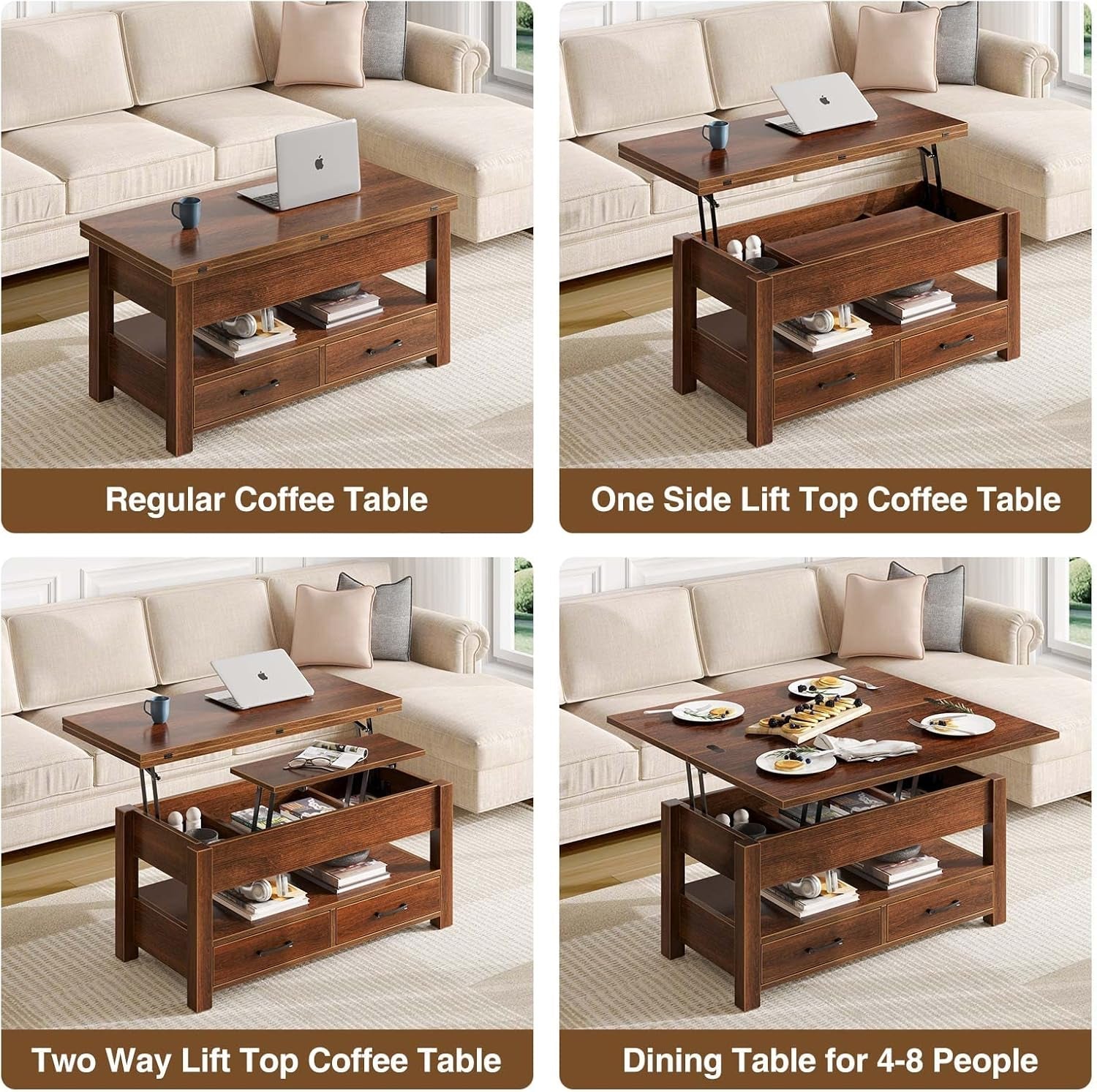 Espresso Lift Top Coffee Table With Drawers And Hidden Compartment ShipItFurniture