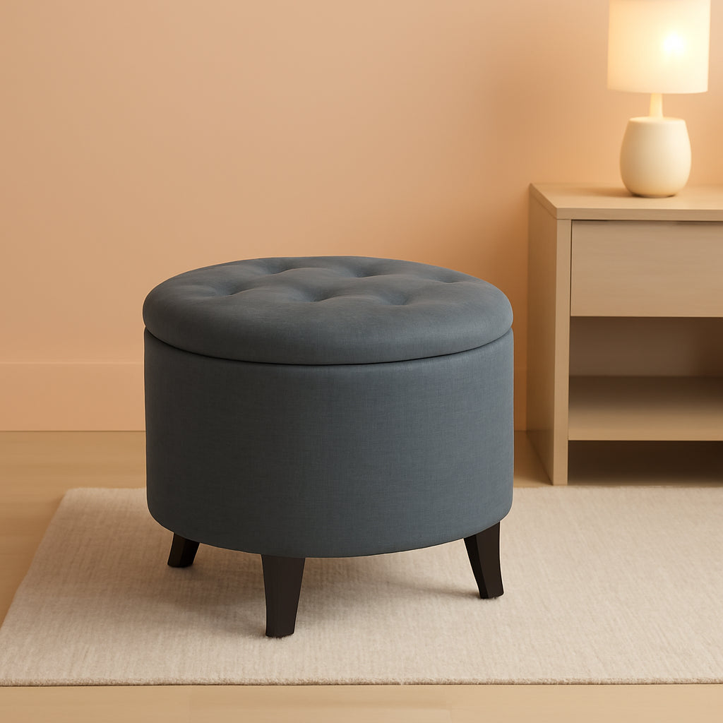 Gray Fabric Round Storage Ottoman With Button Tufting ShipItFurniture