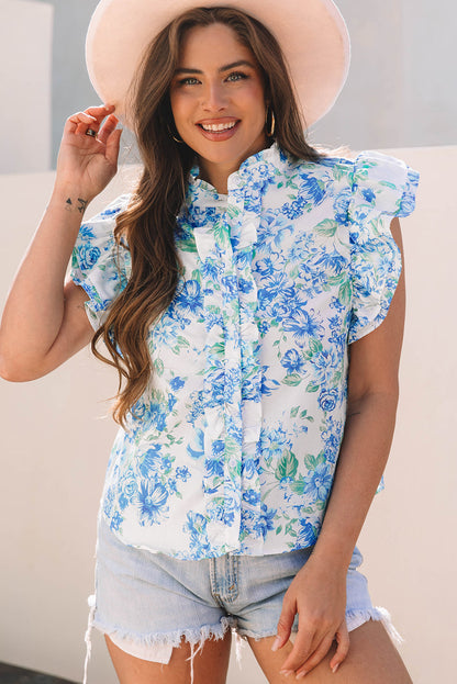 Tiana Floral Ruffle Sleeve Button Up