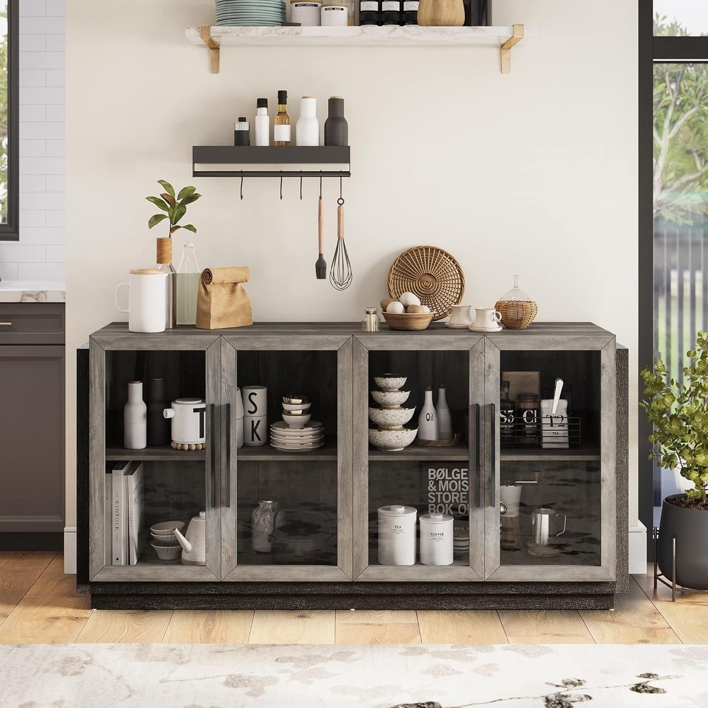 Grey Glass Doors Buffet Cabinet For Dining Room And Living Room ShipItFurniture