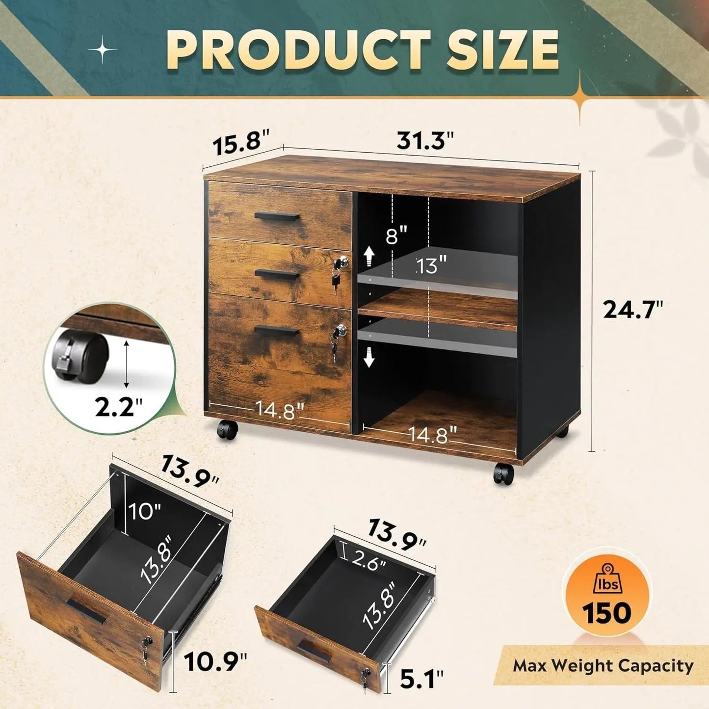 3 Drawer Wood File Cabinet With Lock For Home Office - Get it from Bo