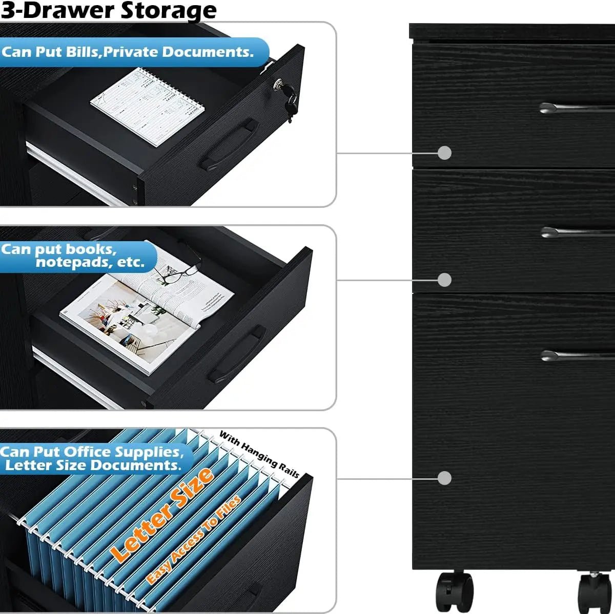 3 Drawer Wood Mobile File Cabinet With Wheels Black Under Desk Office Storage For Home Office Use - Get it from Bo