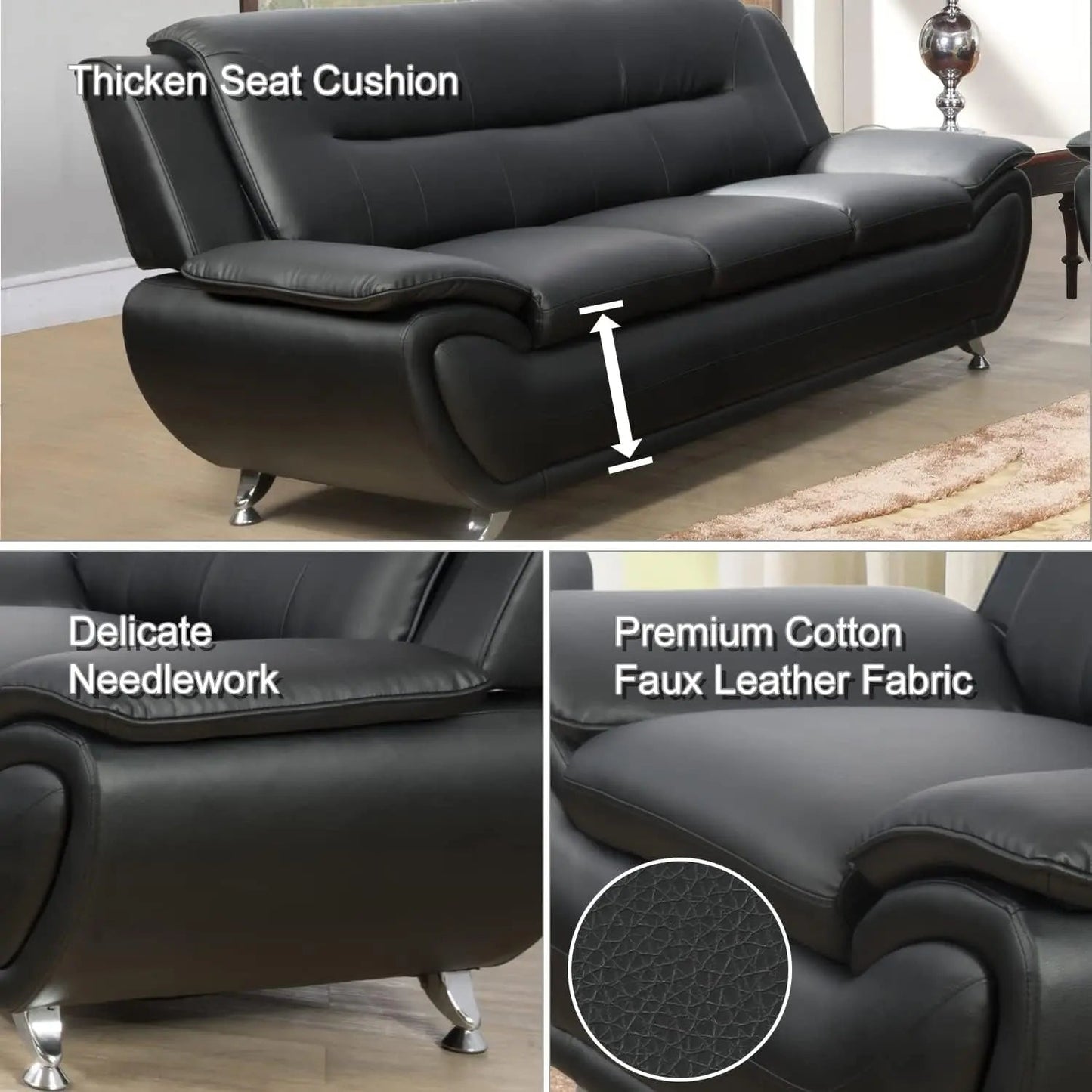 3 Piece Black Sofa Set Modern Living Room Couch Set Sofa Loveseat Chair For Home Decor - Get it from Bo