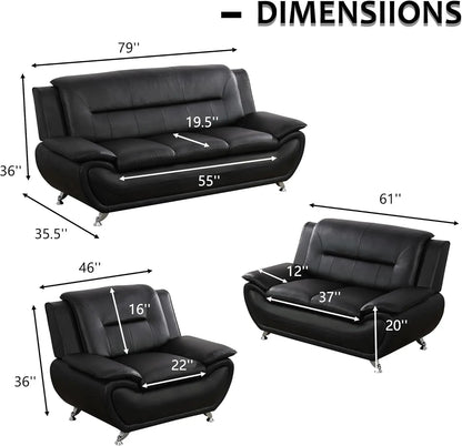 3 Piece Black Sofa Set Modern Living Room Couch Set Sofa Loveseat Chair For Home Decor - Get it from Bo