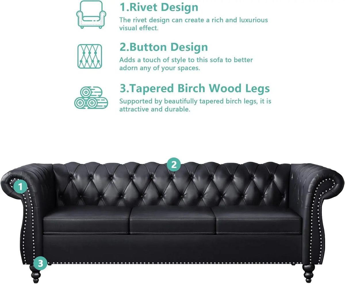3 Piece Living Room Set Sectional Chesterfield Sofa Chair Artificial Leather Black - Get it from Bo