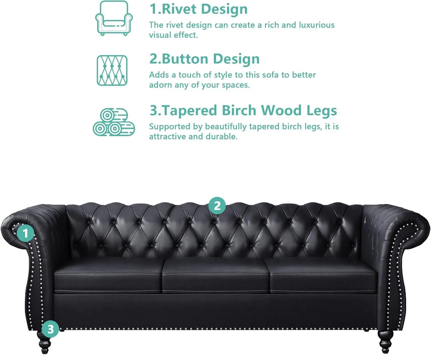3 Piece Living Room Set Sectional Chesterfield Sofa Chair Artificial Leather Black - Get it from Bo