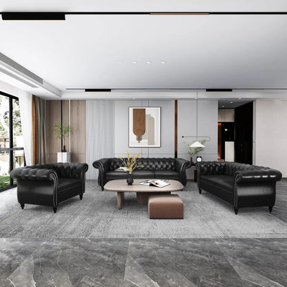 3 Piece Living Room Set Sectional Chesterfield Sofa Chair Artificial Leather Black - Get it from Bo