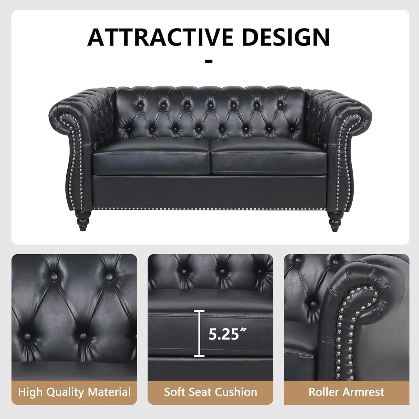 3 Piece Living Room Set Sectional Chesterfield Sofa Chair Artificial Leather Black - Get it from Bo