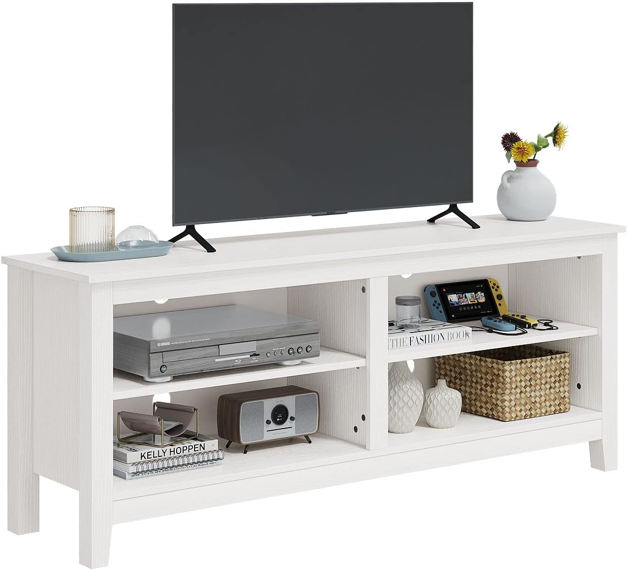 White Four Cubby TV Stand For 60 Inch TV With Open Storage