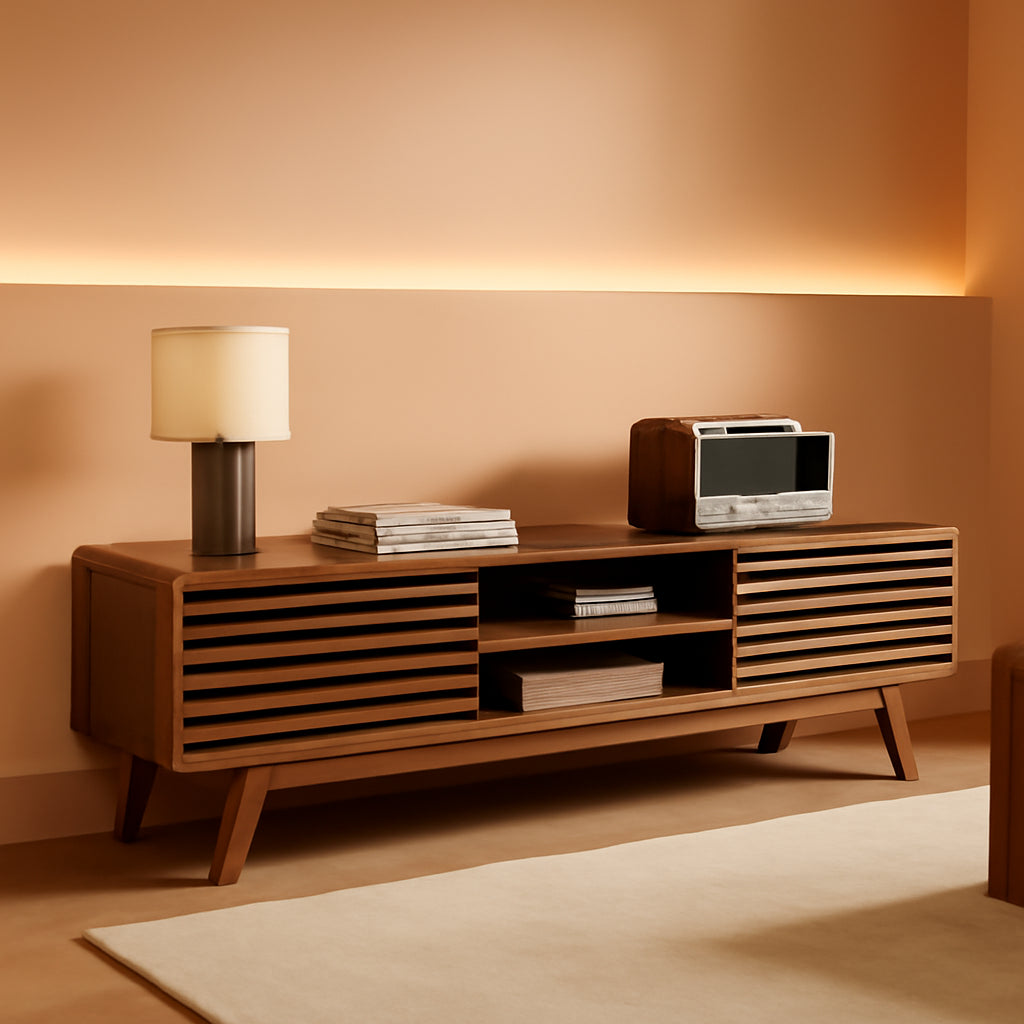 59 Inch Walnut TV Stand Mid Century Modern Console