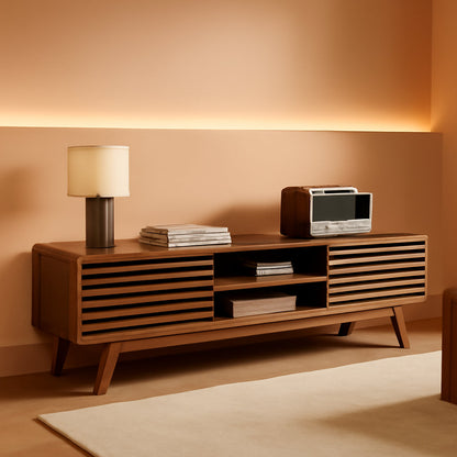 59 Inch Walnut TV Stand Mid Century Modern Console