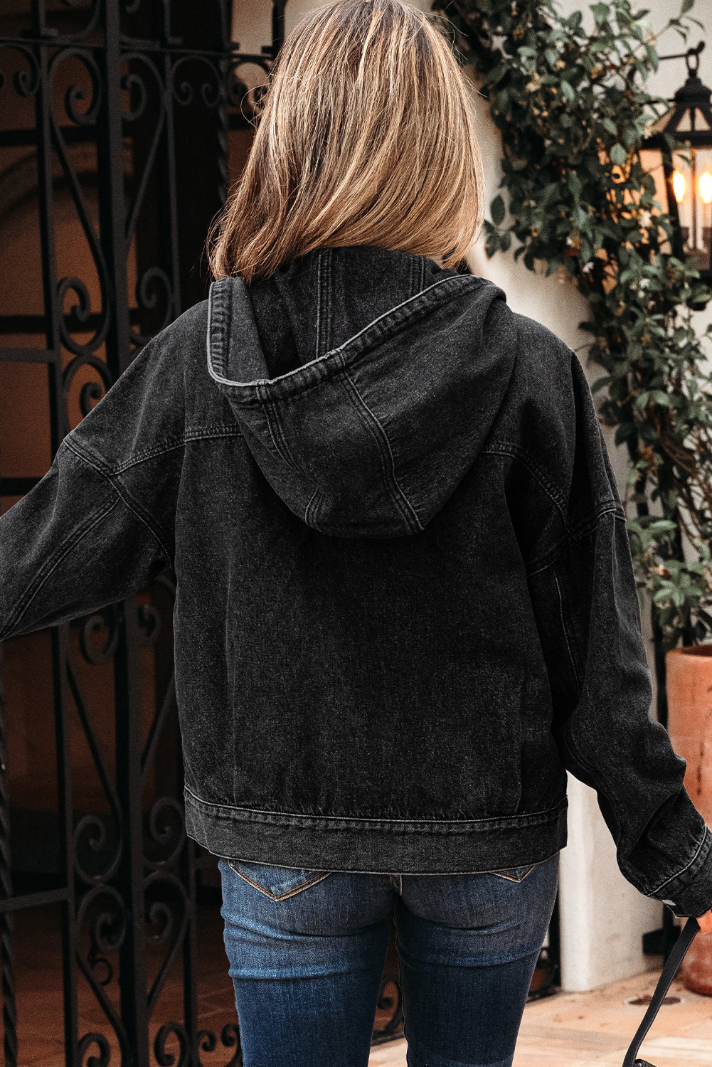 Sage Pocket Drop Shoulder Hooded Denim Jacket Threaded Pear