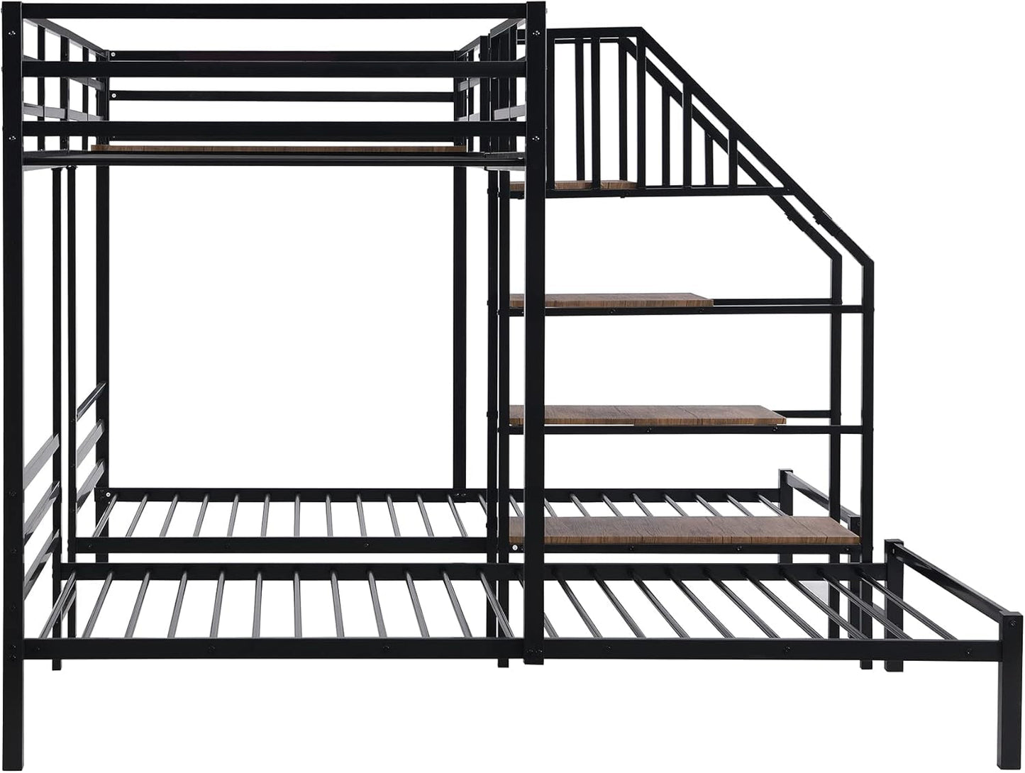 Metal Triple Bunk Bed with Stairs, 3 Beds Bunk Bed, Twin over Twin & Twin Bunk Bed with Storage Shelves Staircase, for Kids Teens Adults, Black ShipItFurniture