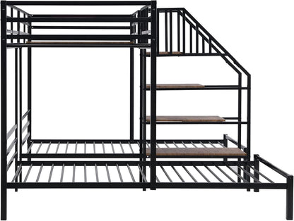 Metal Triple Bunk Bed with Stairs, 3 Beds Bunk Bed, Twin over Twin & Twin Bunk Bed with Storage Shelves Staircase, for Kids Teens Adults, Black ShipItFurniture
