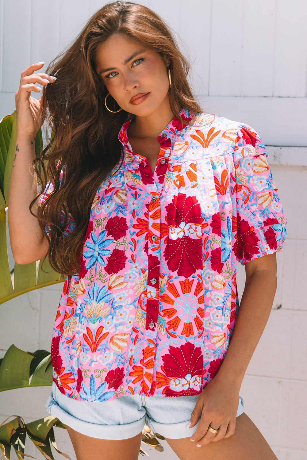 Mikaela Floral Bubble Sleeve Button Up Pleated Shirt