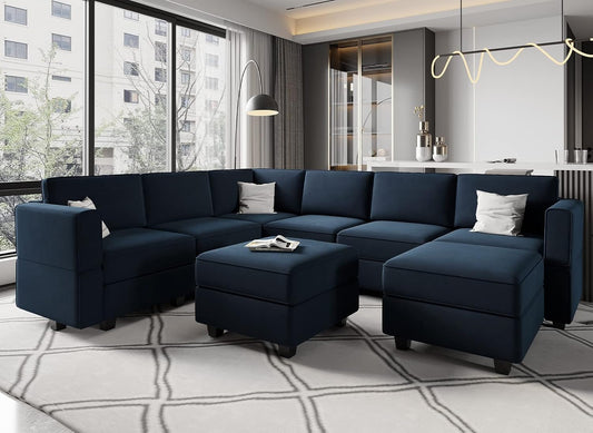 Modular Velvet Sectional Sofa Blue With Storage Ottoman ShipItFurniture
