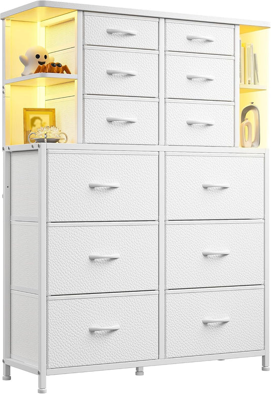 Dresser for Bedroom with LED Lights, 12 Drawers Bedroom Dresser, Black Dresser and Tall Dresser with Open Shelves, Fabric Dressers & Chests of Drawers with Sturdy Metal Frame, White ShipItFurniture