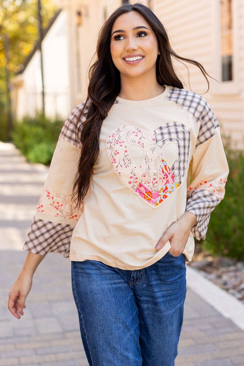 Emilia Plaid Floral Peace Heart Long Sleeve Top Threaded Pear