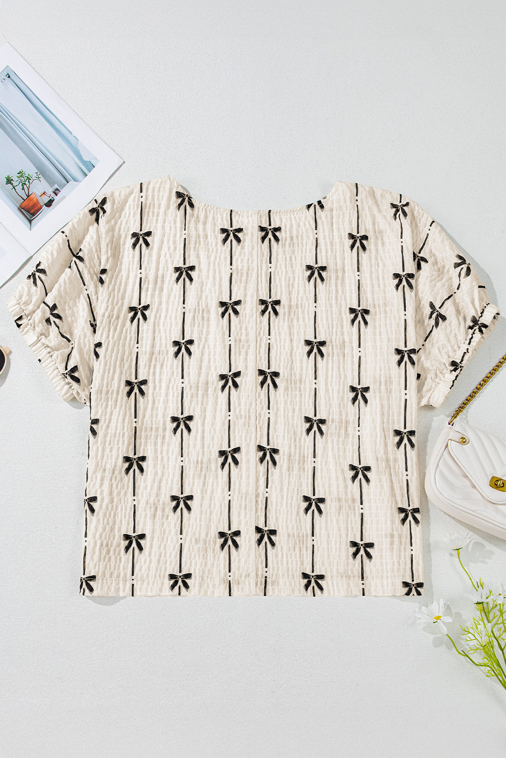 Aviana Bow Print Puff Short Sleeve Top