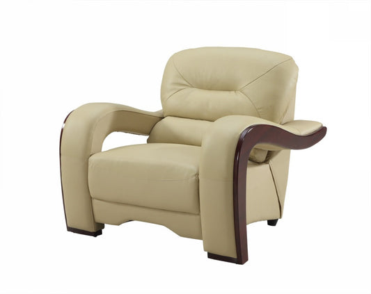 39" Beige and Brown Leather Arm Chair