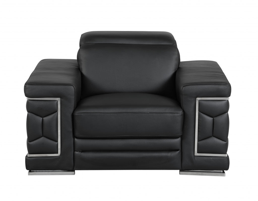 47" Black And Silver Genuine Leather Arm Chair