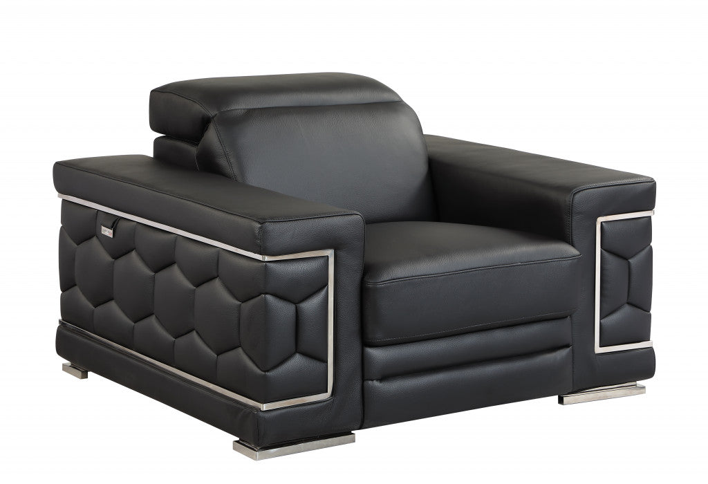 47" Black And Silver Genuine Leather Arm Chair