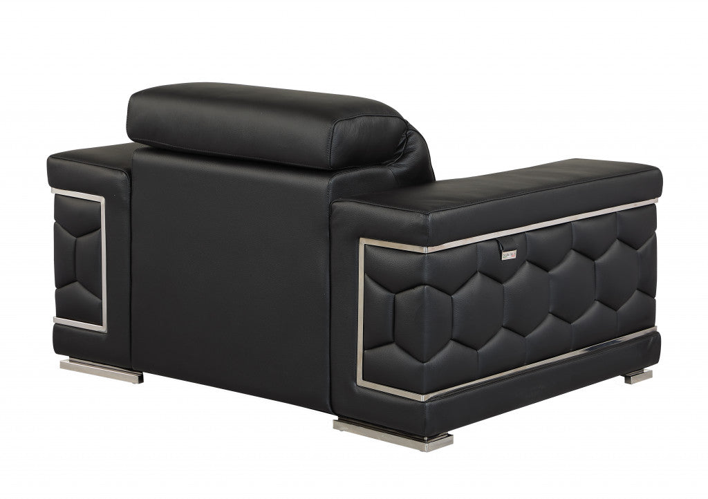 47" Black And Silver Genuine Leather Arm Chair