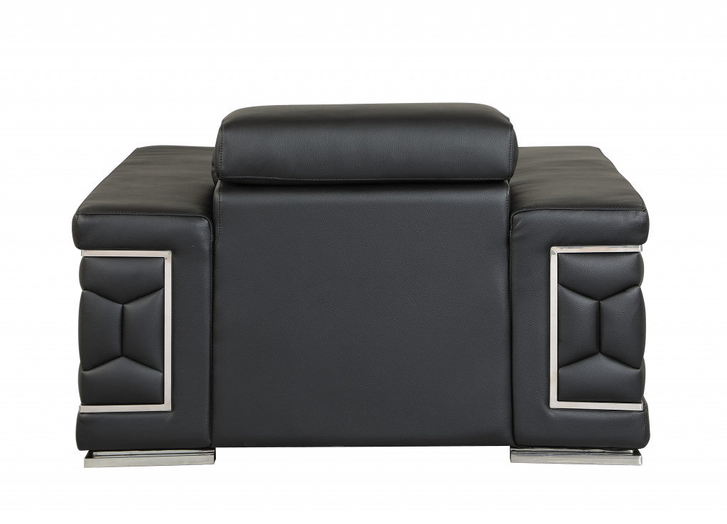 47" Black And Silver Genuine Leather Arm Chair