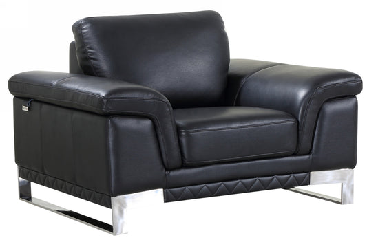 49" Black And Silver Genuine Leather Arm Chair