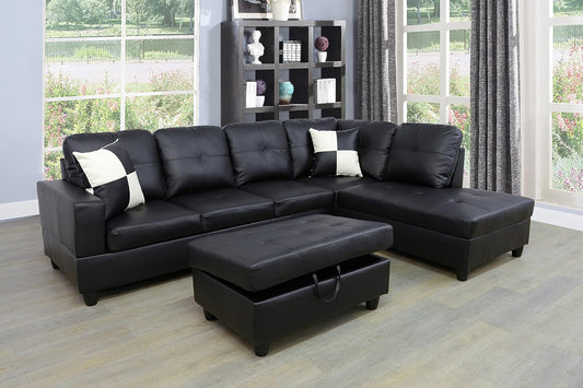 Black Faux Leather Sectional Sofa Set With Ottoman ShipItFurniture