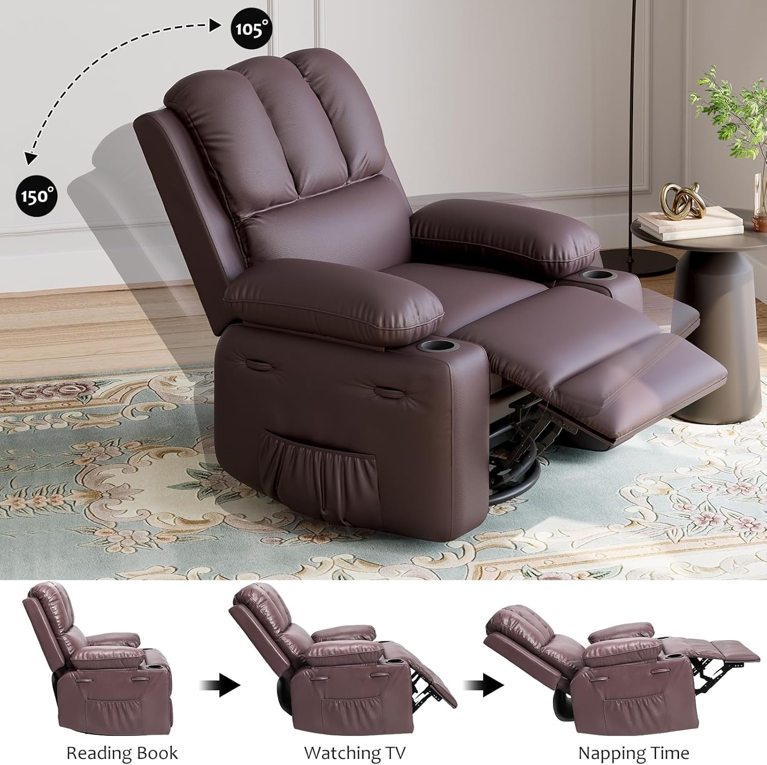 Leather Recliner Chair Brown Medium With Cup Holders And 150 Degree Recline ShipItFurniture