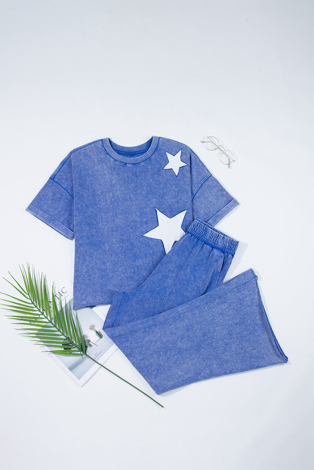 Arabella Acid Wash Star Patched Rolled Trim Pants Set Threaded Pear